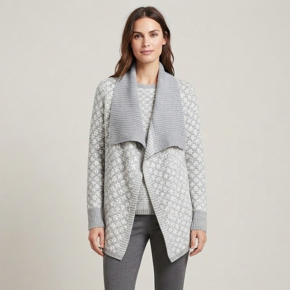 Ann Taylor Loft Gray Geometric Knit‎ Open Front Cardigan Wool Mohair Blend XL